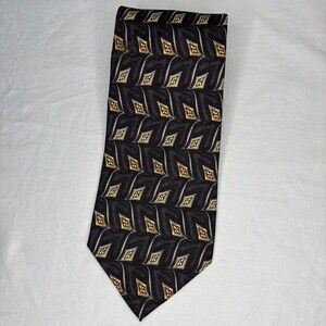 BG&C 100% Silk Hand Sewn Mens Tie Black Gray Gold Geometric Classic Made in USA